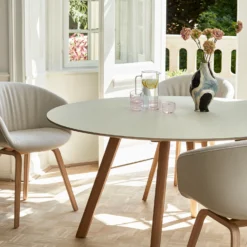 Copenhague CPH 25 Round Dining Table By Hay -Finest Furniture Shop CPH25offwhitelinooakbase AAC23SoftSteelcut220oakbase JessicaHansVaseGlossyCow